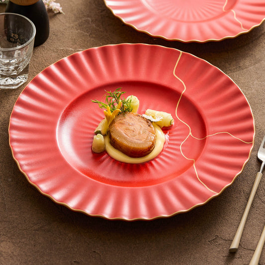 Luxury red ceramic dinner plate with golden veins