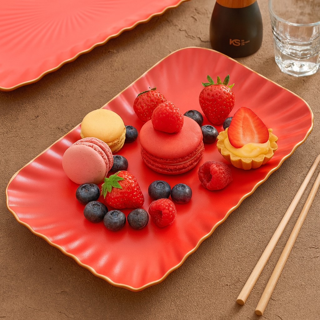 Assorted desserts including macarons and tarts on a red plate with berries, on a brown surface.