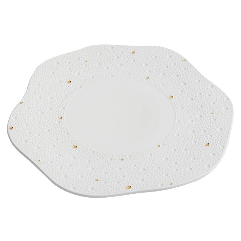 Luxury white plate with artistic pebble texture and gold accents