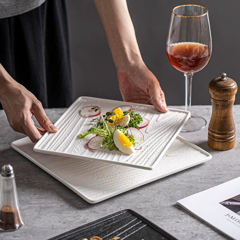 Matte ceramic square plate with stone-inspired finish