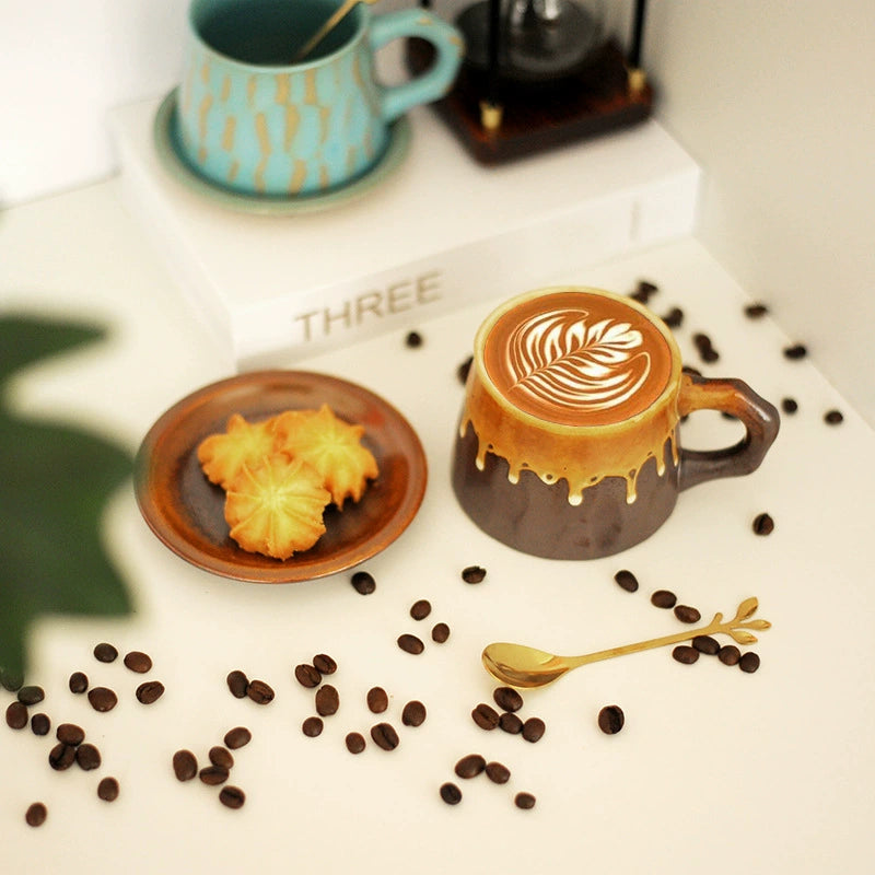 Minimalist Japanese mug and saucer in warm beige glaze


