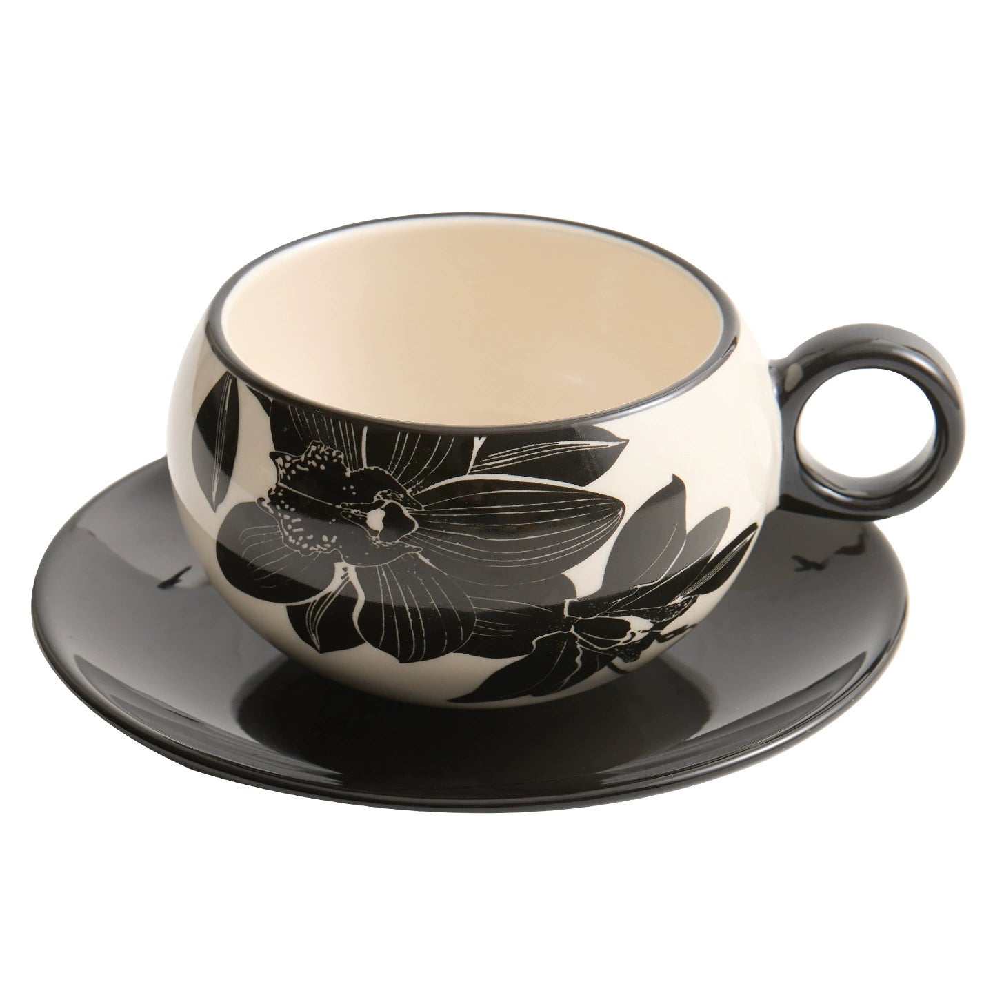 Minimalist black and white coffee cup with floral pattern