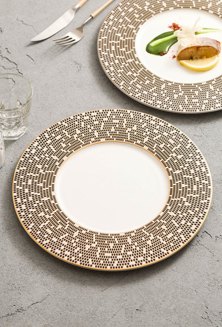 Minimalist fine dining porcelain plate with coffee brown caramel brown border