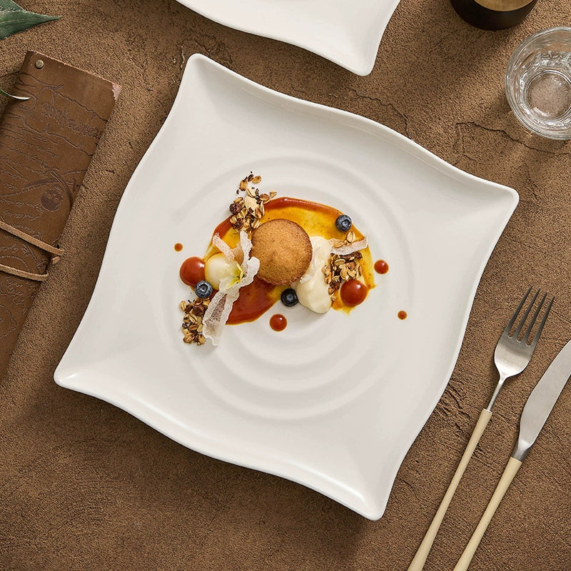 Minimalist porcelain dinner plate with ripple texture design