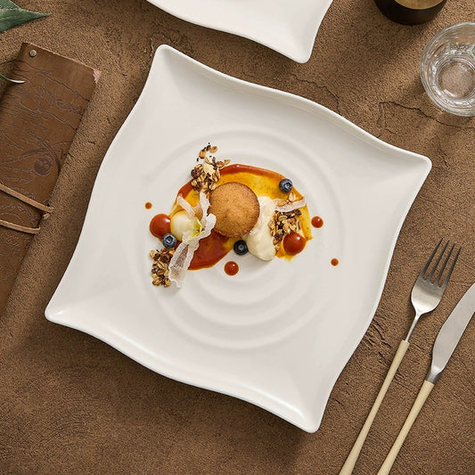 Minimalist porcelain dinner plate with ripple texture design