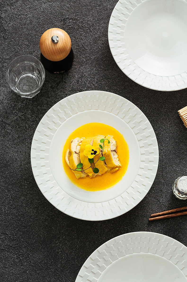 Minimalist shallow ceramic plate for seafood and composed dishes