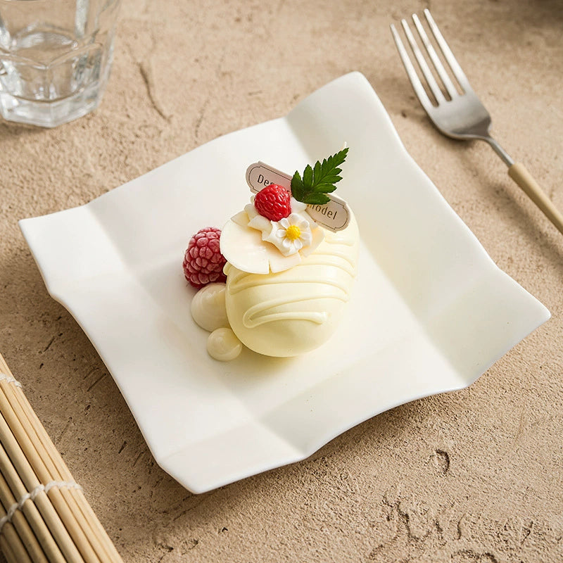 Minimalist square ceramic dessert plate in matte white