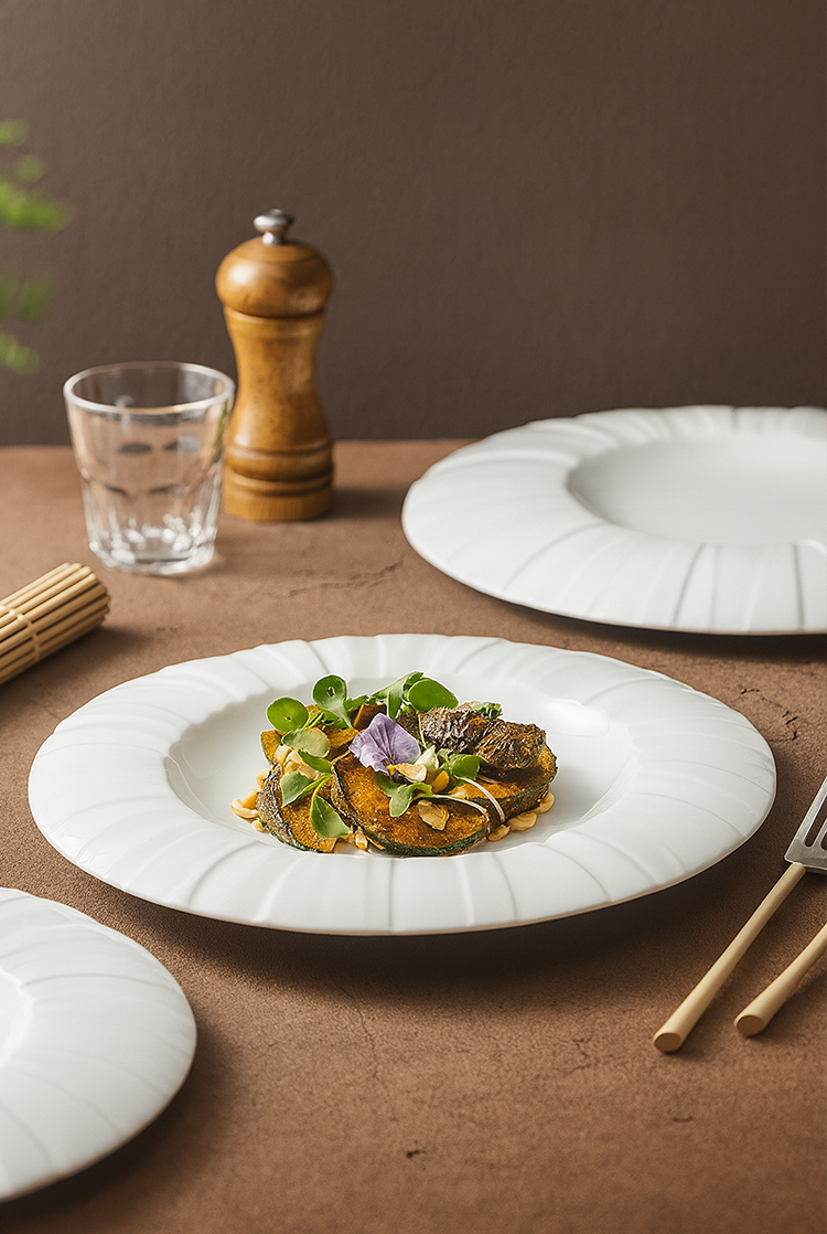 Minimalist white ceramic plate with folded edge texture