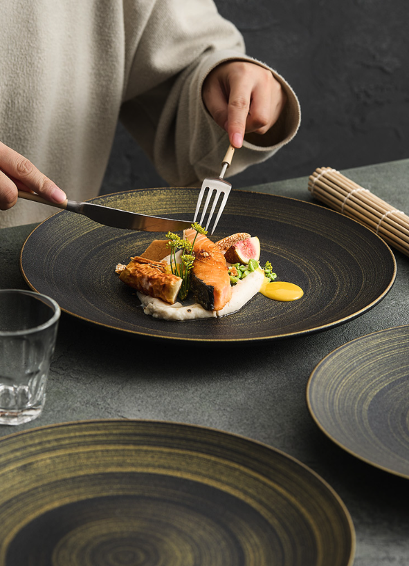 Modern Japanese-inspired black and gold dinner plate