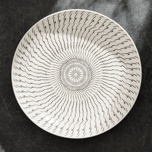 Decorative plate with concentric circular pattern on a dark background