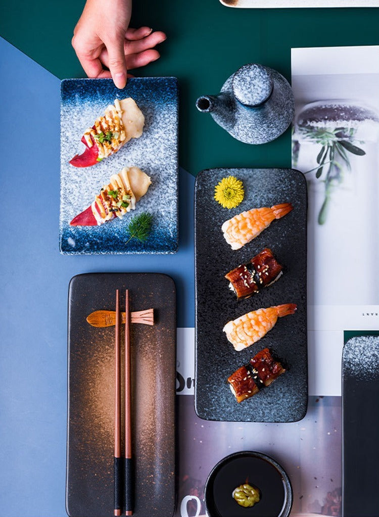 Modern ceramic sushi serving plate flat lay photography