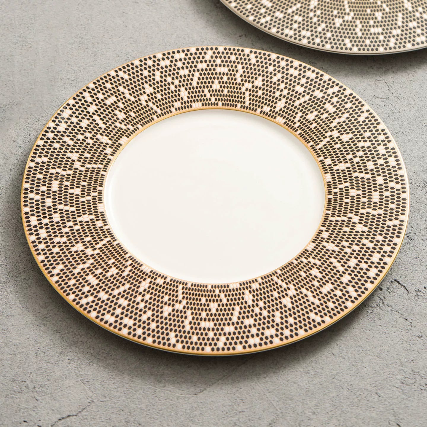 Modern fine dining plate featuring coffee brown caramel brown dot pattern