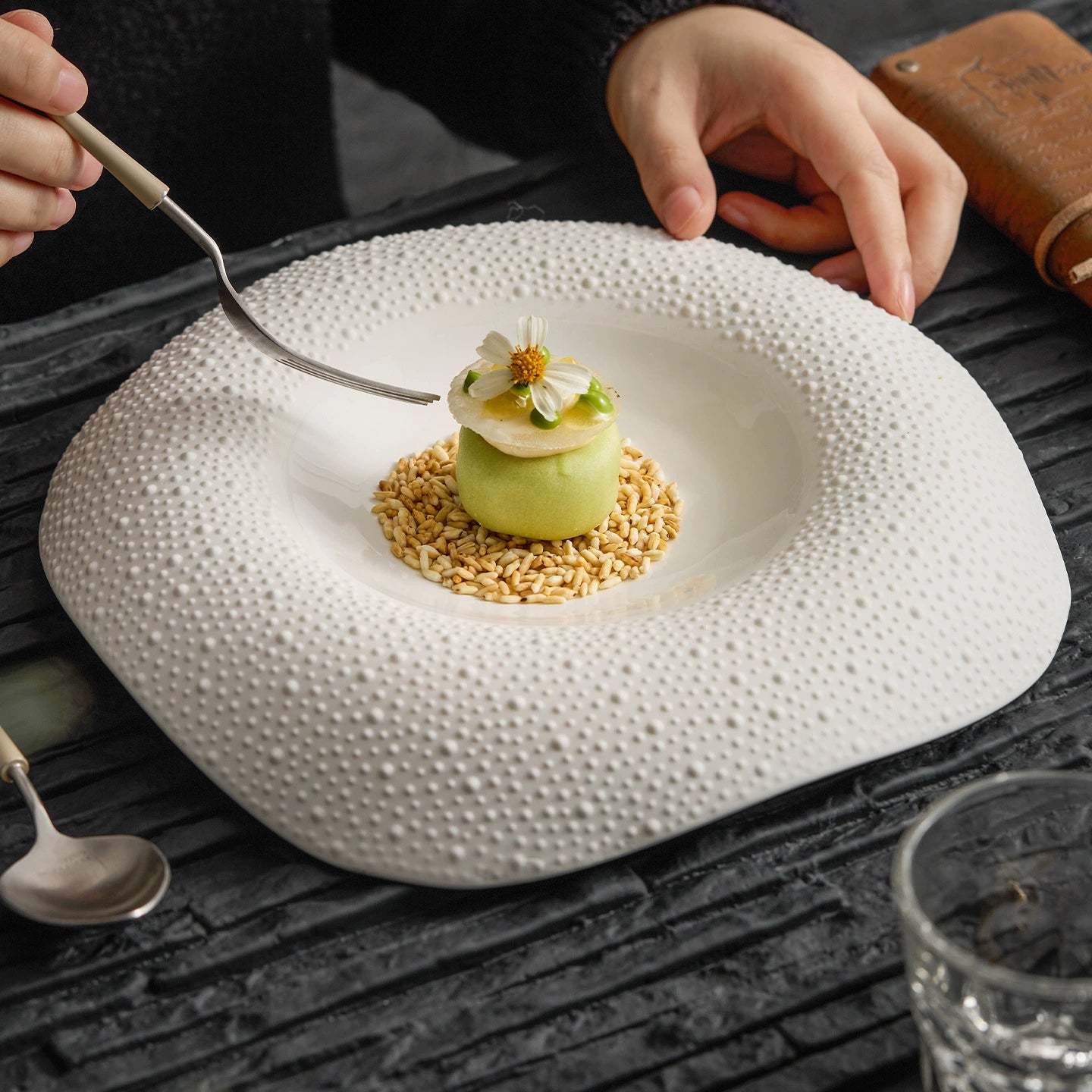 Modern fine dining plate with sesame grain detailing