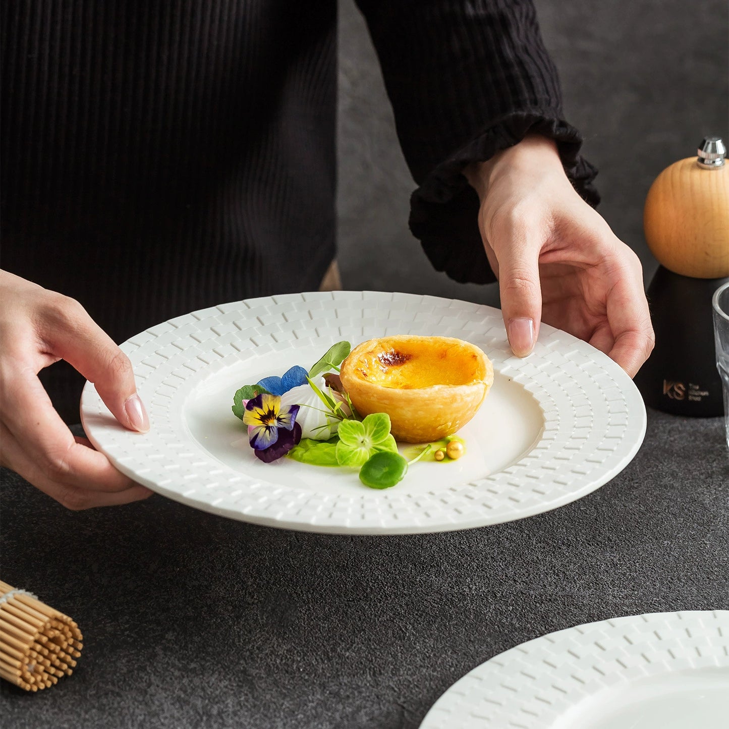 Modern flat plate designed for precise culinary presentation