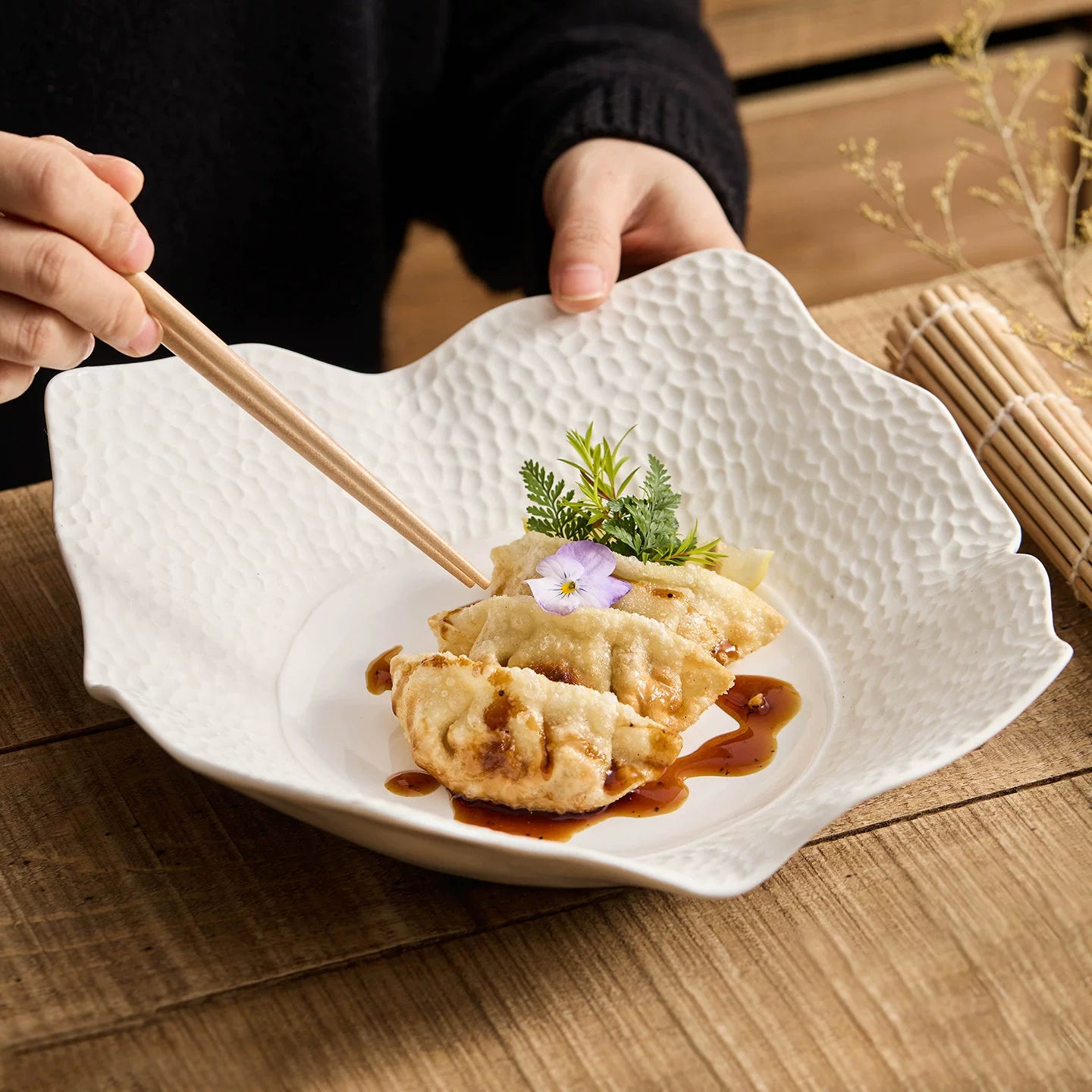 Modern honey-combed textured ceramic dish for professional fine dining.