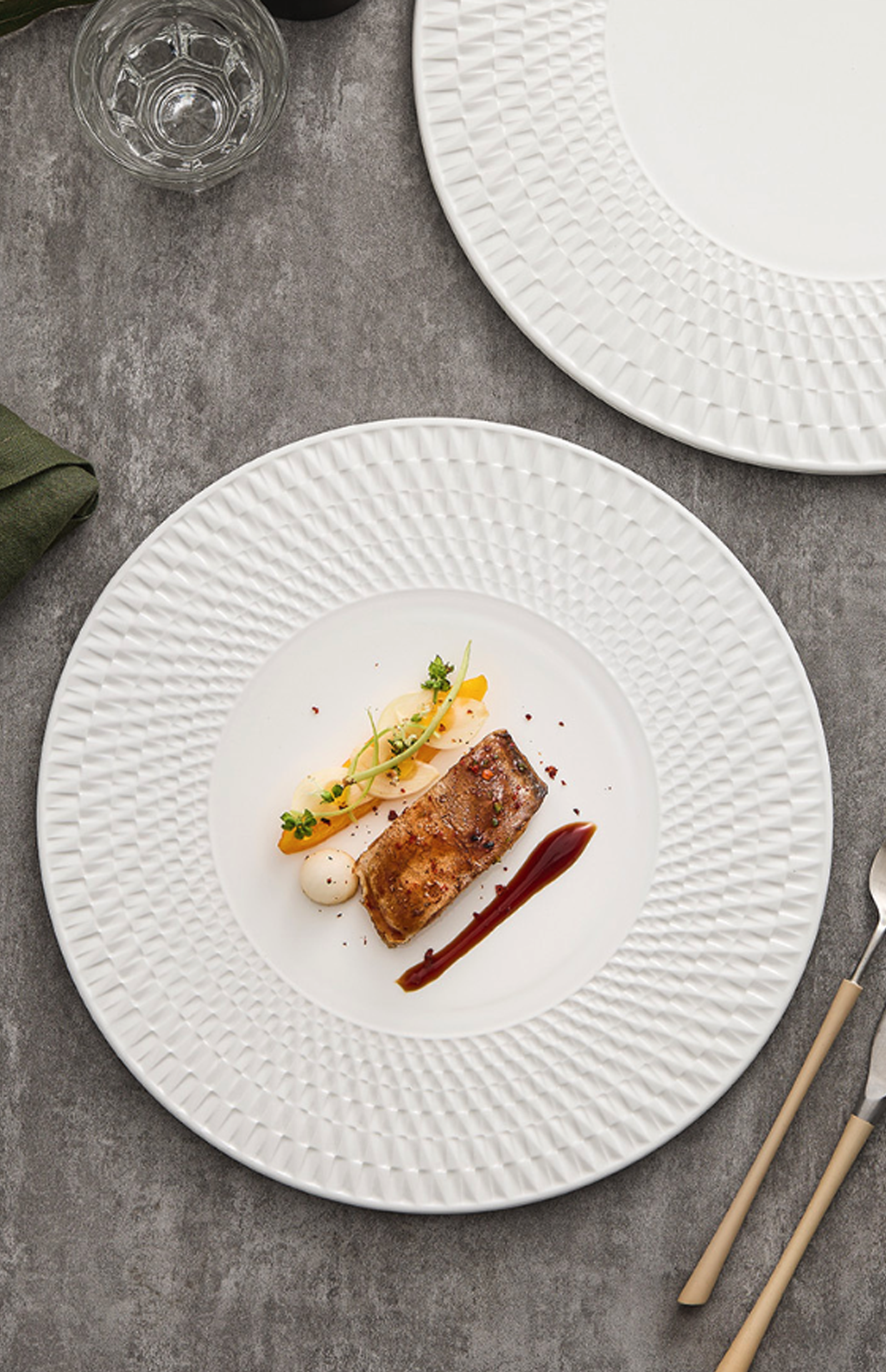 Modern luxury dinner plate with sculptural white surface