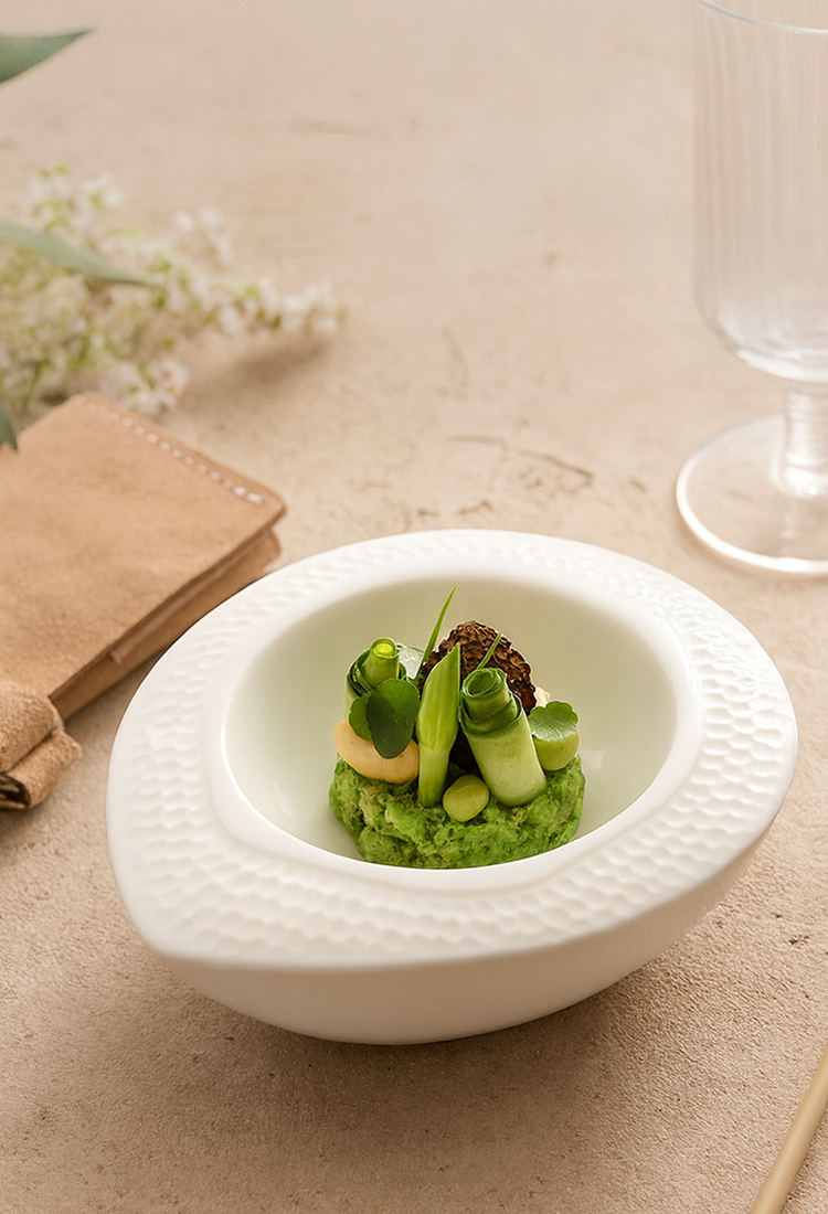 Modern oval ceramic serving ware for soup and risotto