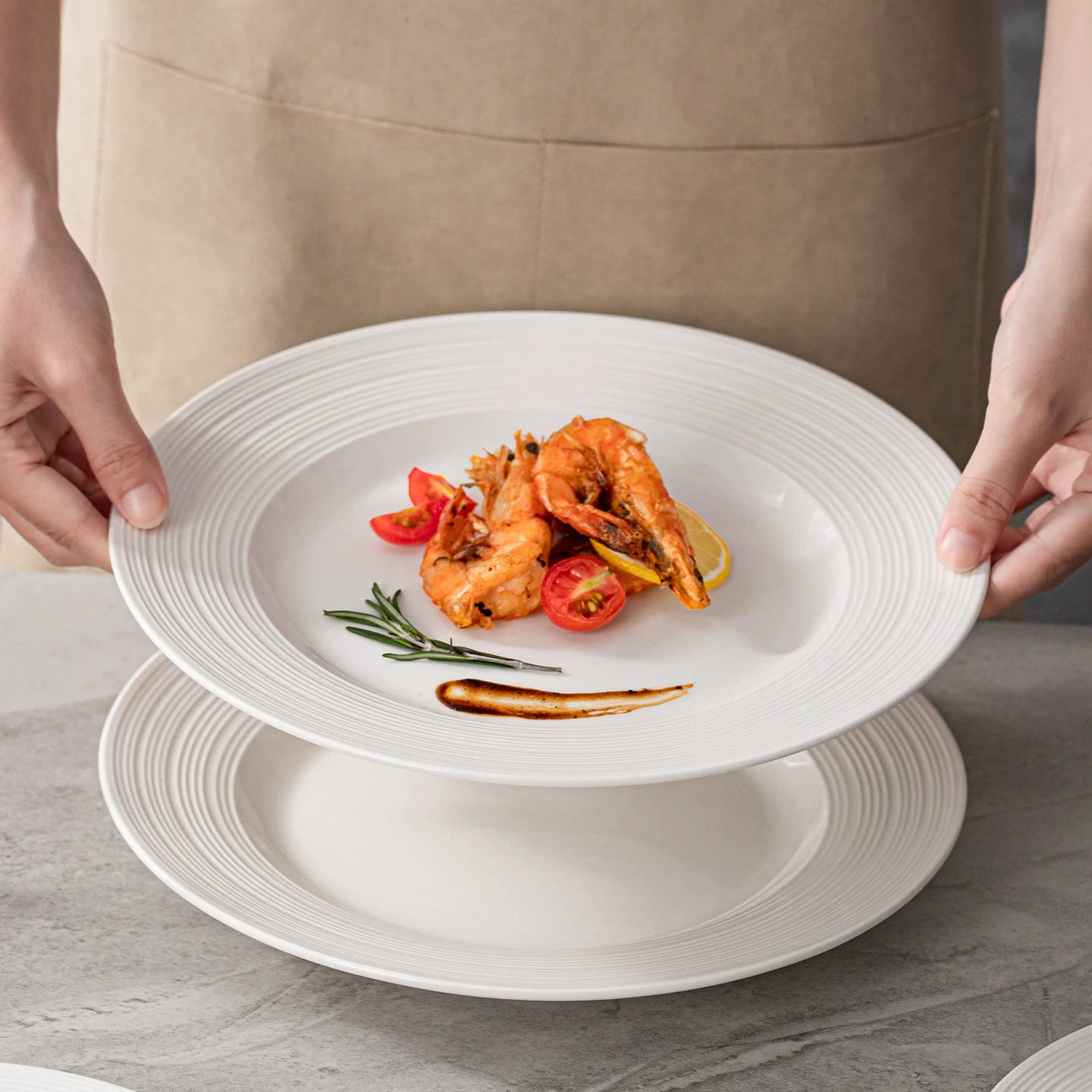 Modern shallow ceramic plate designed for precise food presentation