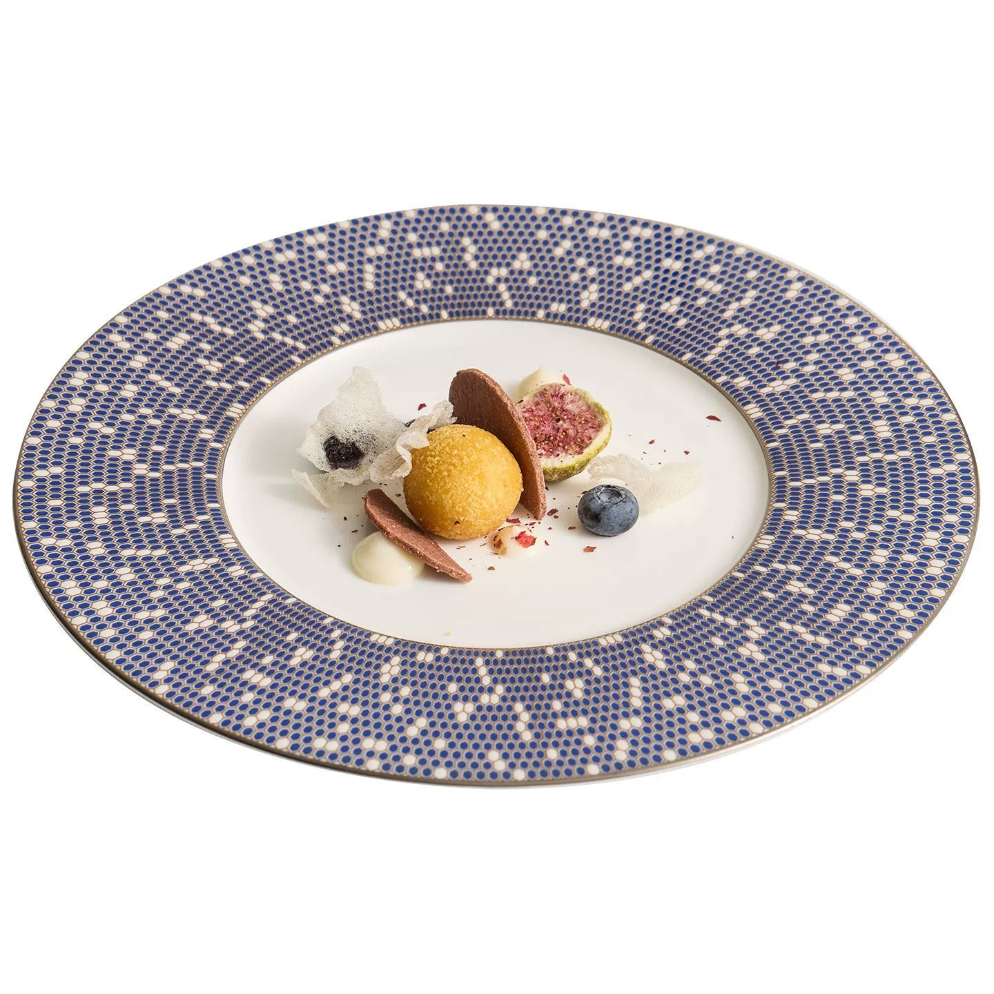Modern ultra-slim dinner plate with a decorative gold-toned inner border.