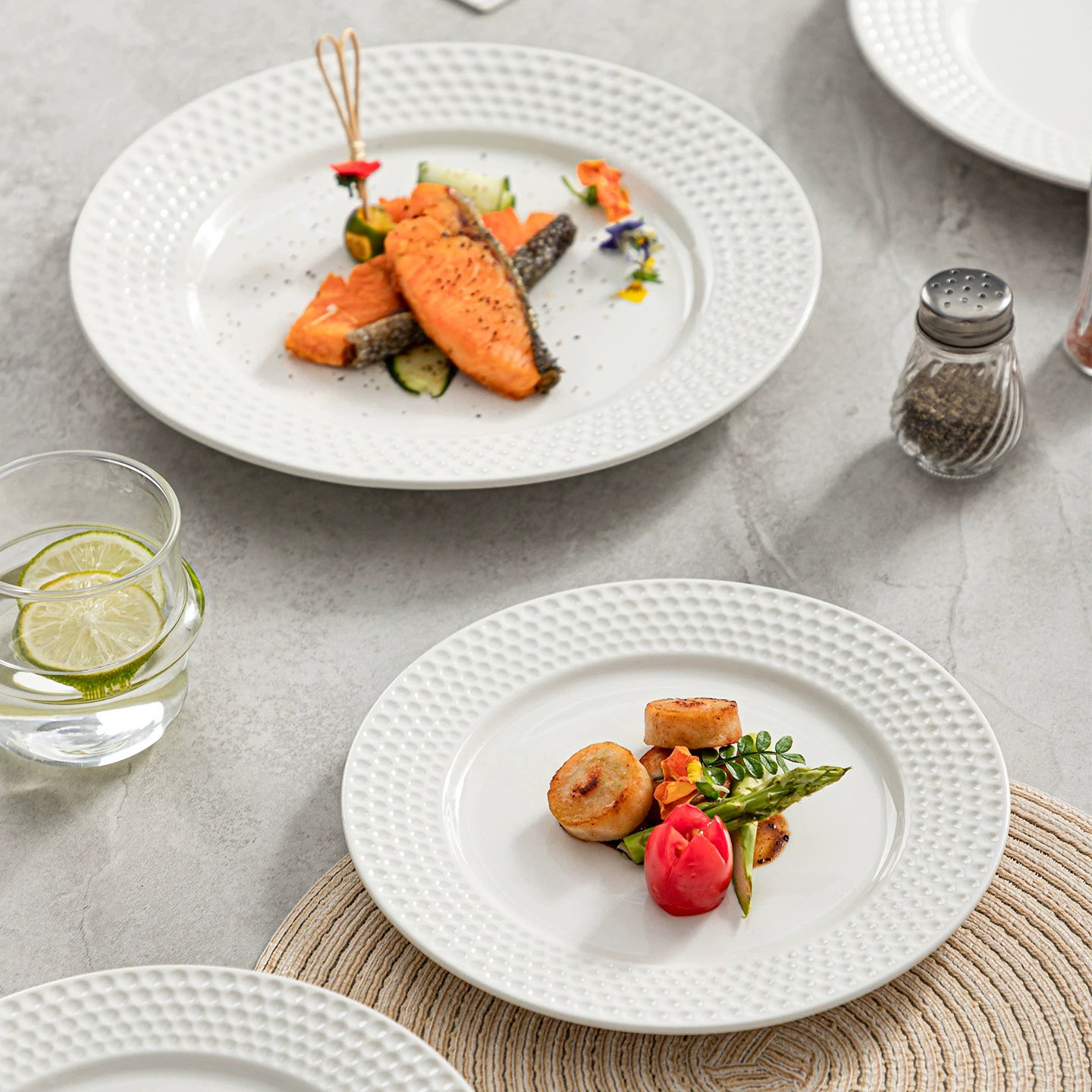 Modern white ceramic flat plate for fine dining presentation