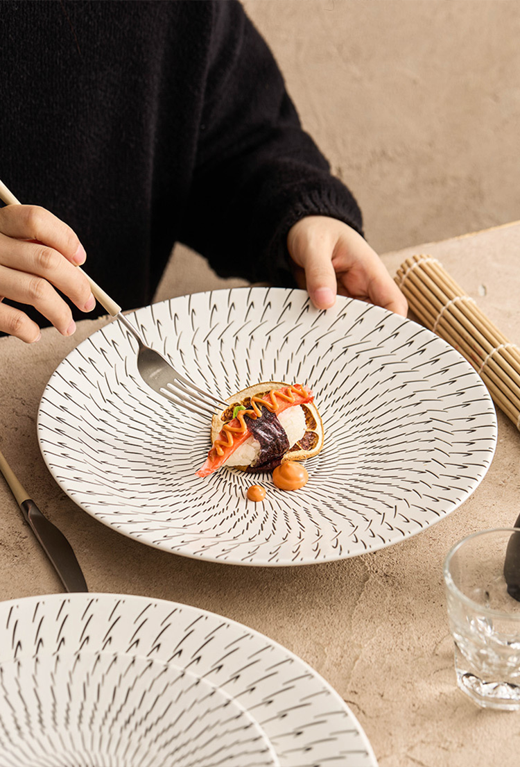 Nordic-style ceramic tableware with modern radial brushstroke pattern