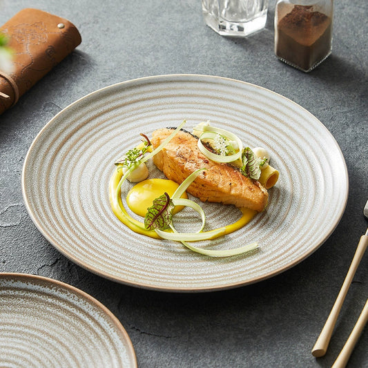 Nordic ripple ceramic dinner plate with hand-glazed concentric texture
