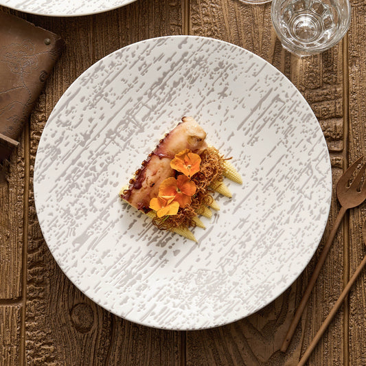 Nordic style ceramic dinner plate with gray woodgrain texture