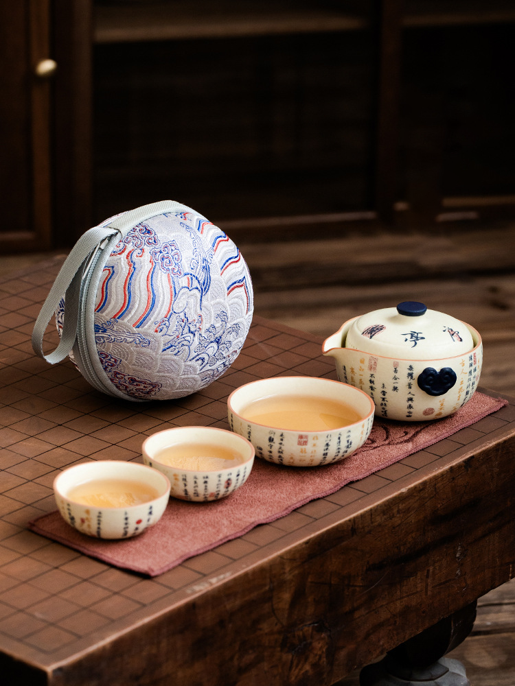 Oriental porcelain teacup set with calligraphy