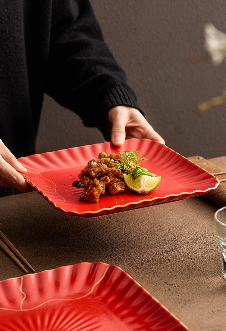 Oriental style red glazed square platter