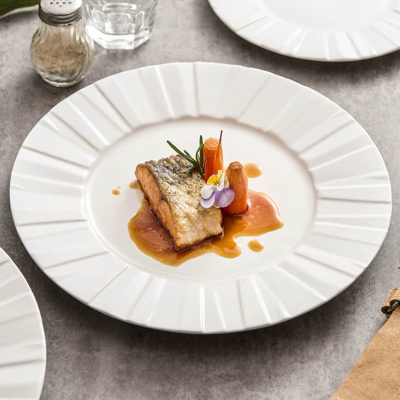 Origami texture white ceramic dinner plate with folded pattern design