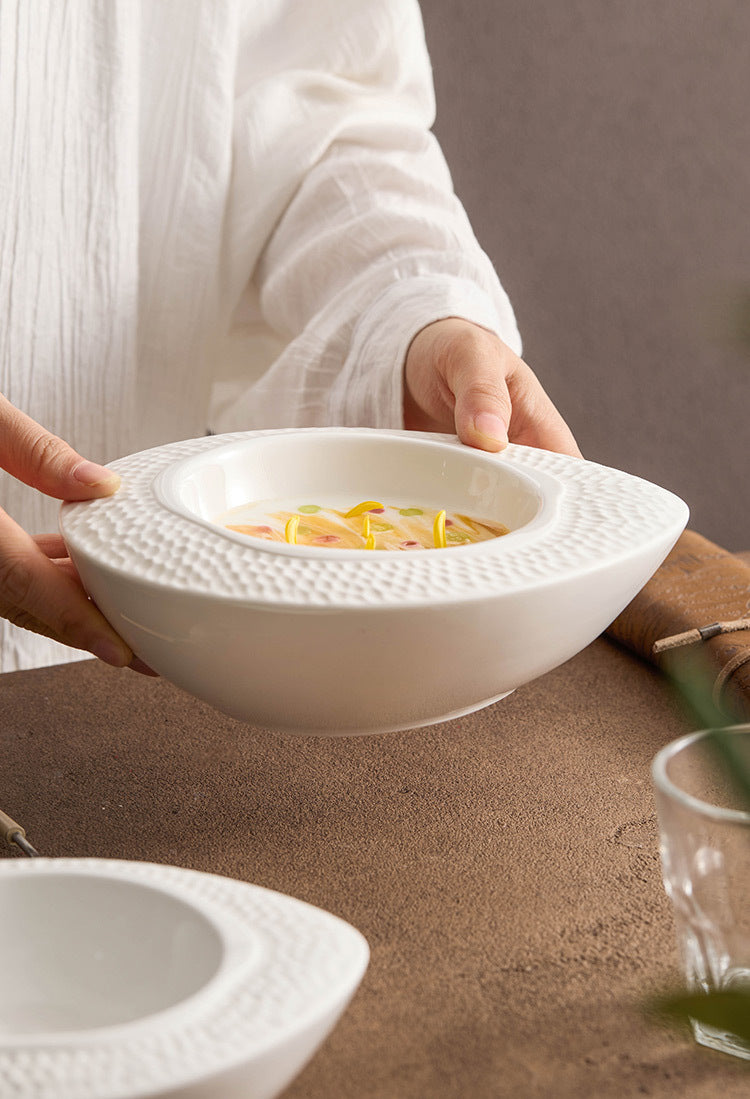 Oval ceramic double-layer serving bowl with elegant texture