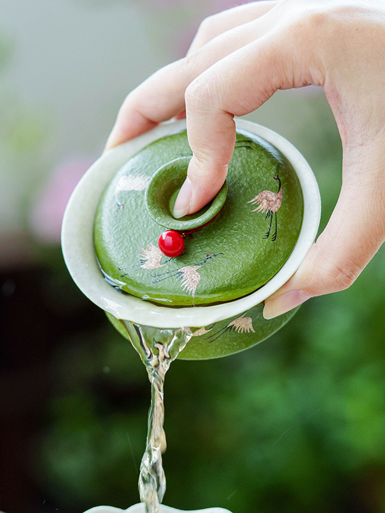 Porcelain Celadon Gaiwan with Crane Art