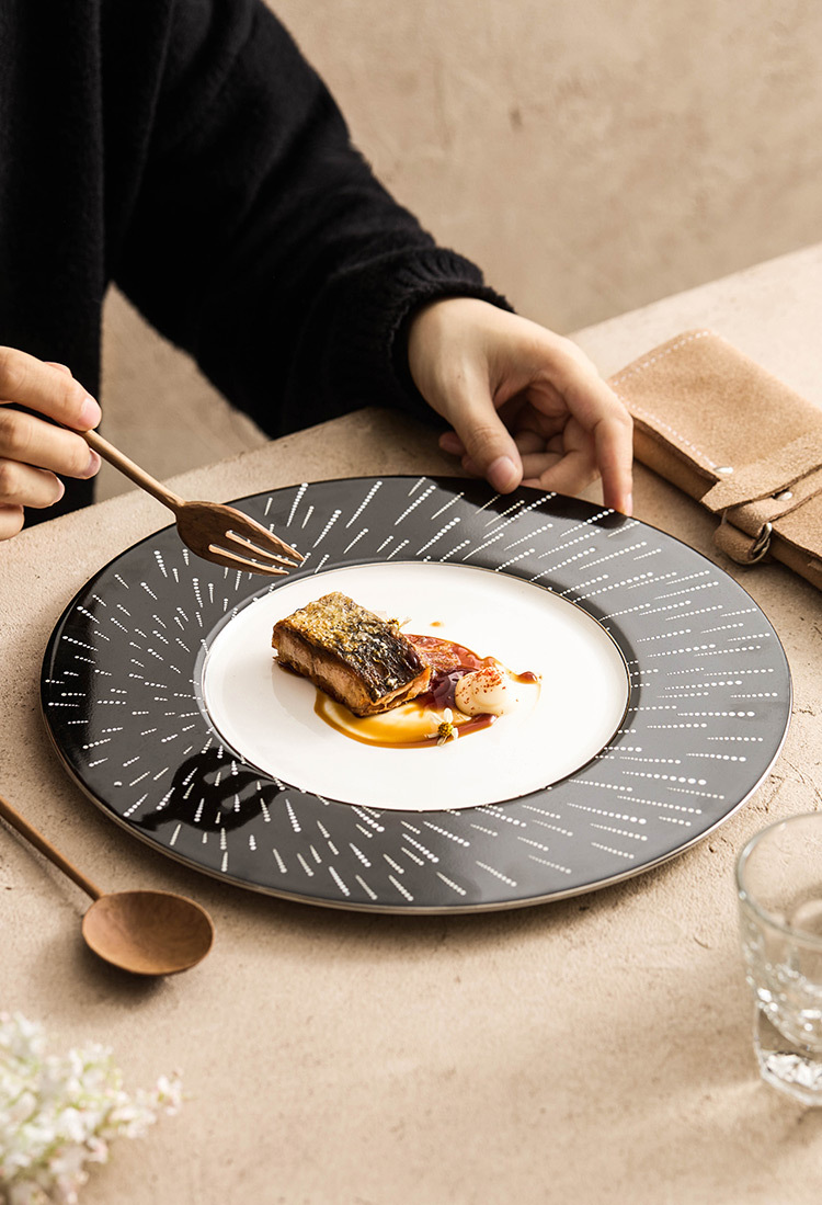 Professional culinary canvas showcasing a dramatic black and white geometric contrast.