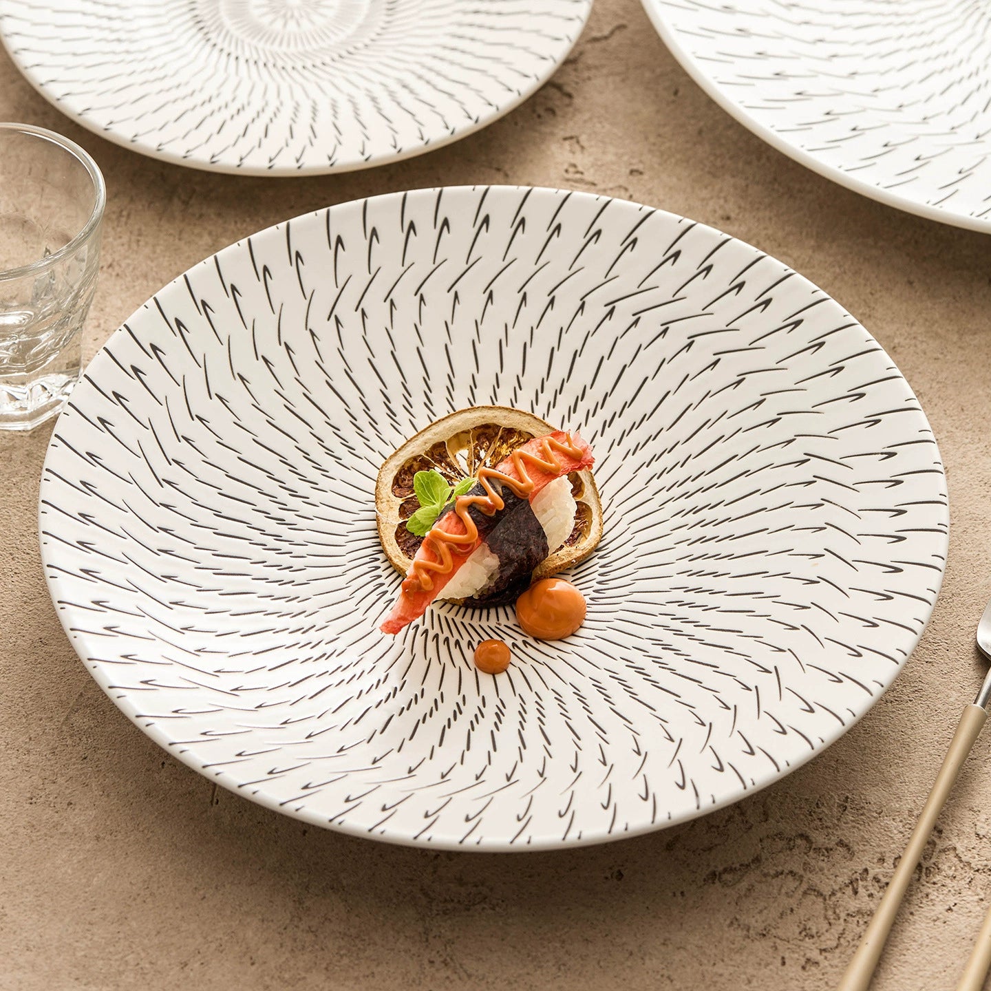 Radiant pattern ceramic dinner plate with artistic hand-painted design