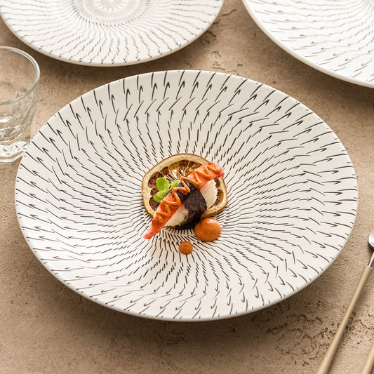 Radiant pattern ceramic dinner plate with artistic hand-painted design