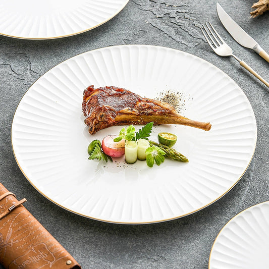 Radiant pleat white ceramic plate with gold rim for fine dining