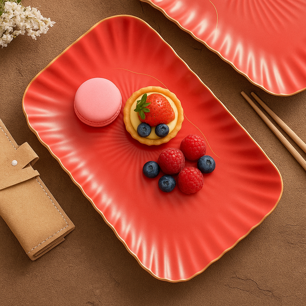 Red plate with a dessert and berries on a brown surface