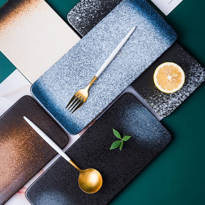 Rectangular ceramic sushi plate with kiln-glaze texture