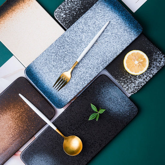 Rectangular ceramic sushi plate with kiln-glaze texture