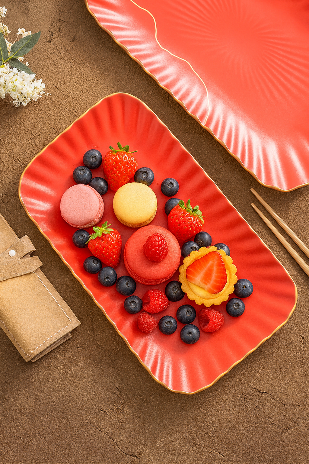 Assorted desserts with berries on a red rectangular plate, set against a brown background.