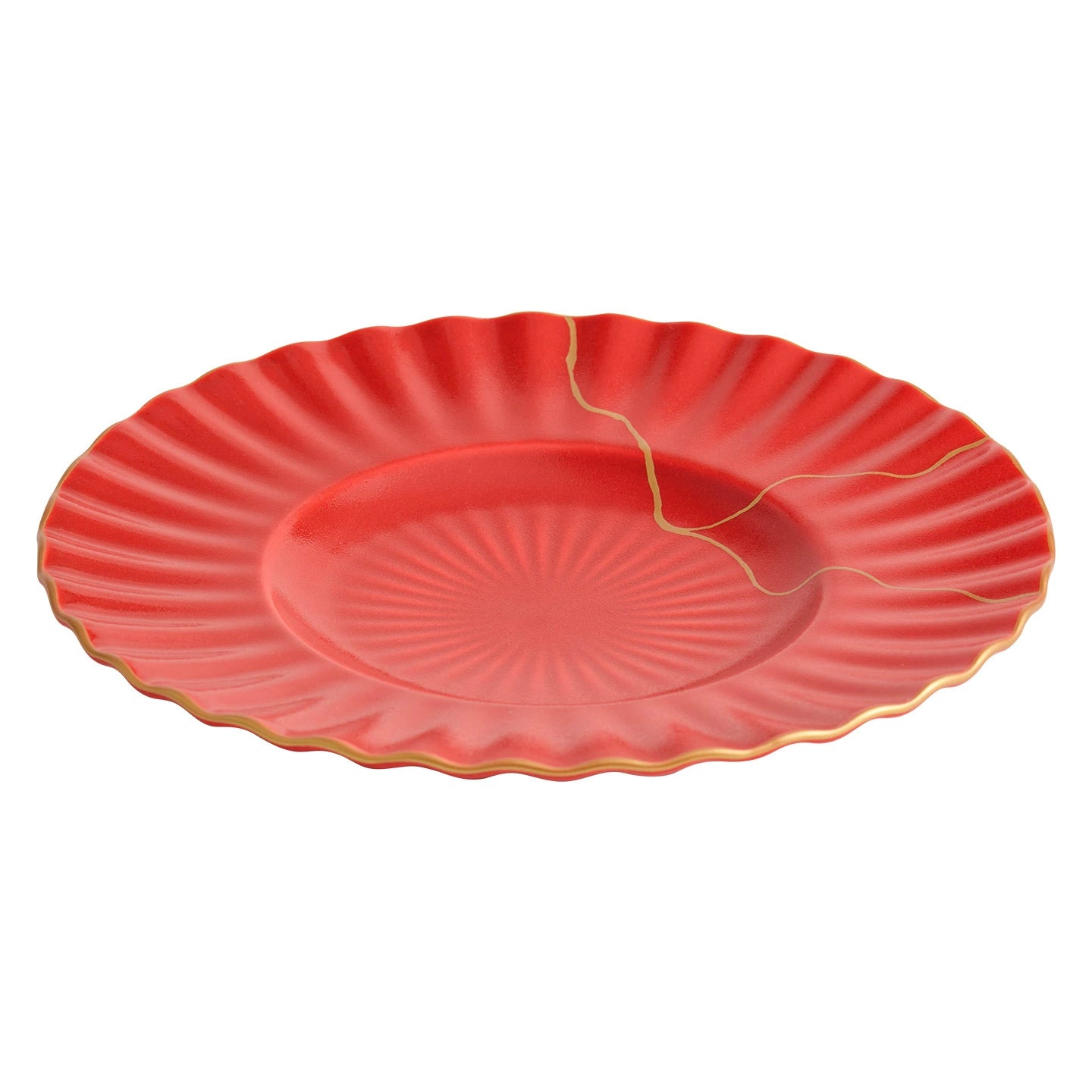 Red ceramic plate with scalloped edge design