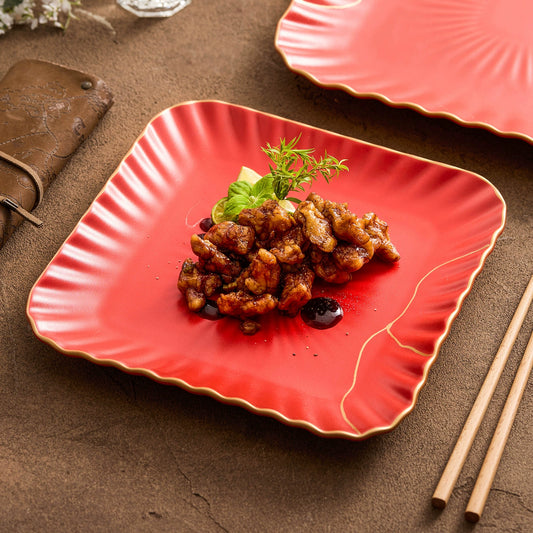 Red vermilion porcelain square plate