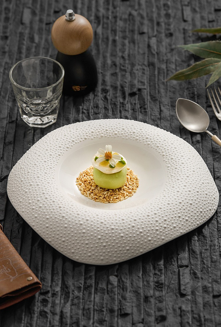 Restaurant-style porcelain plate with organic curves