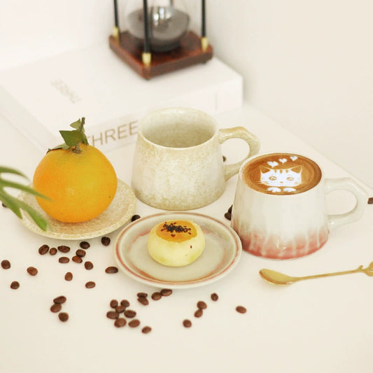 Retro-style ceramic tea cup and saucer set on linen table

