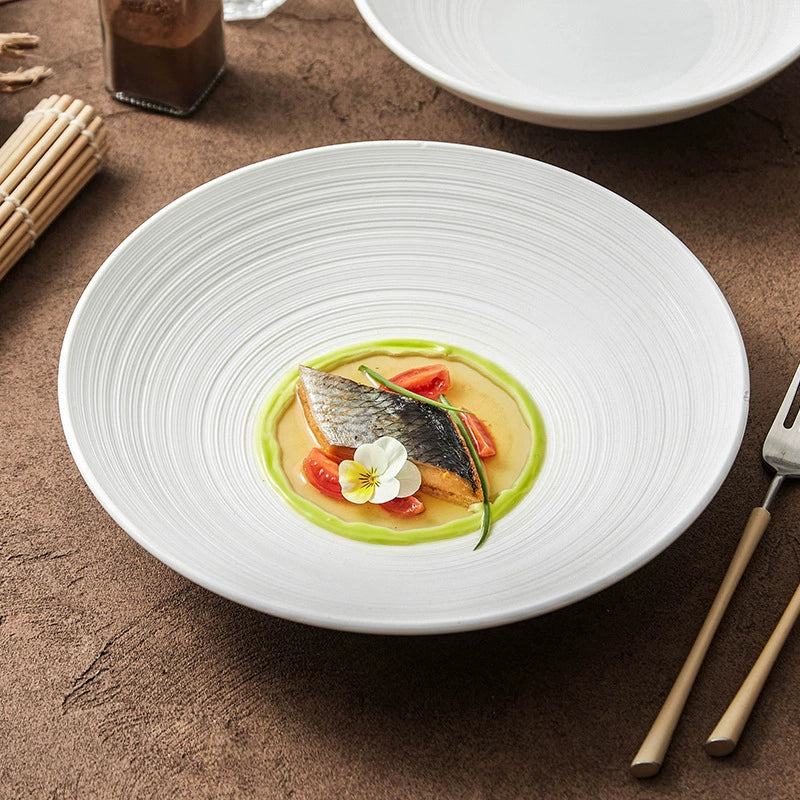 Ripple-texture ceramic wide-rim bowl for fine dining presentation
