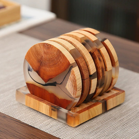 Round pine wood resin coaster with ink texture design