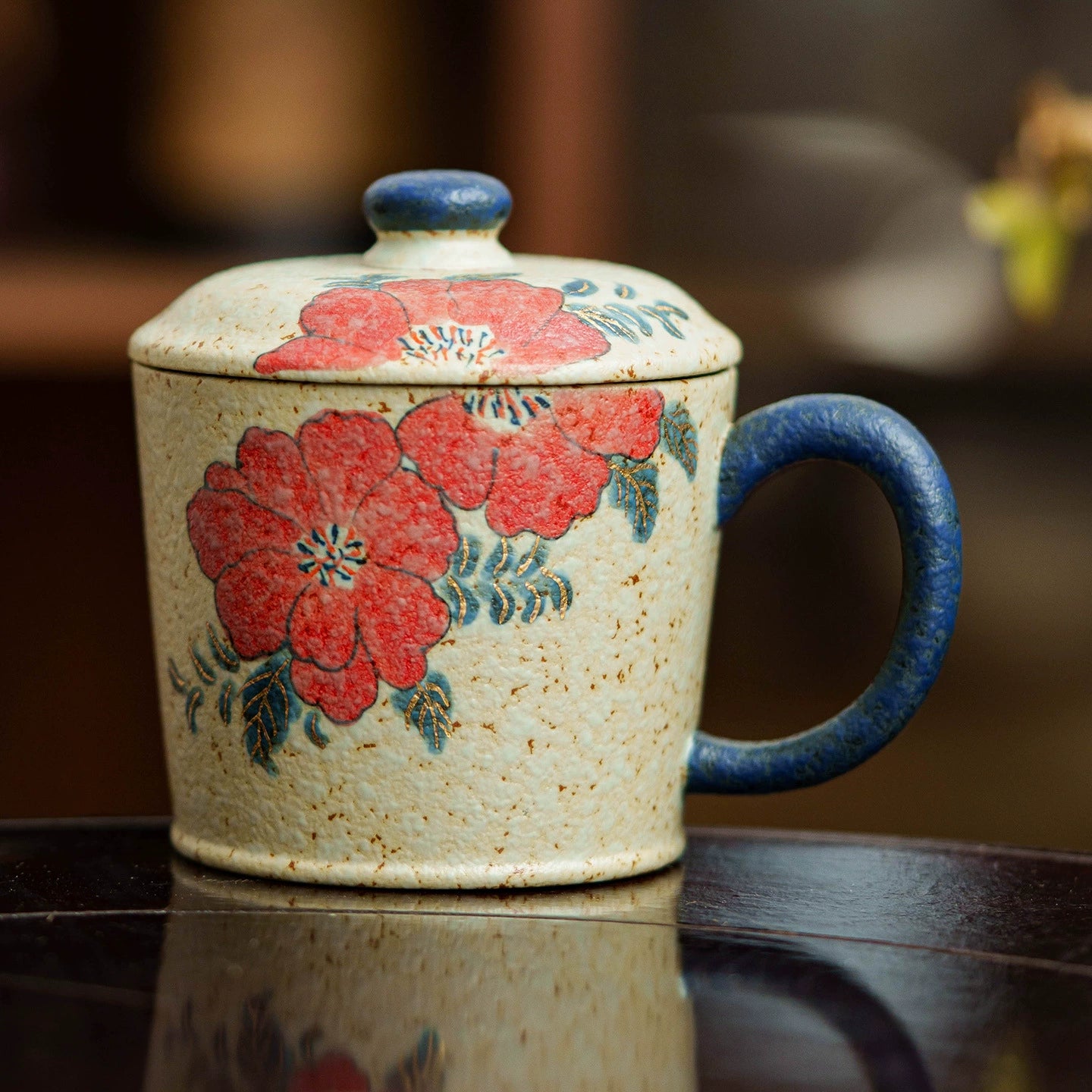 Rustic beige ceramic mug with matching walnut saucer