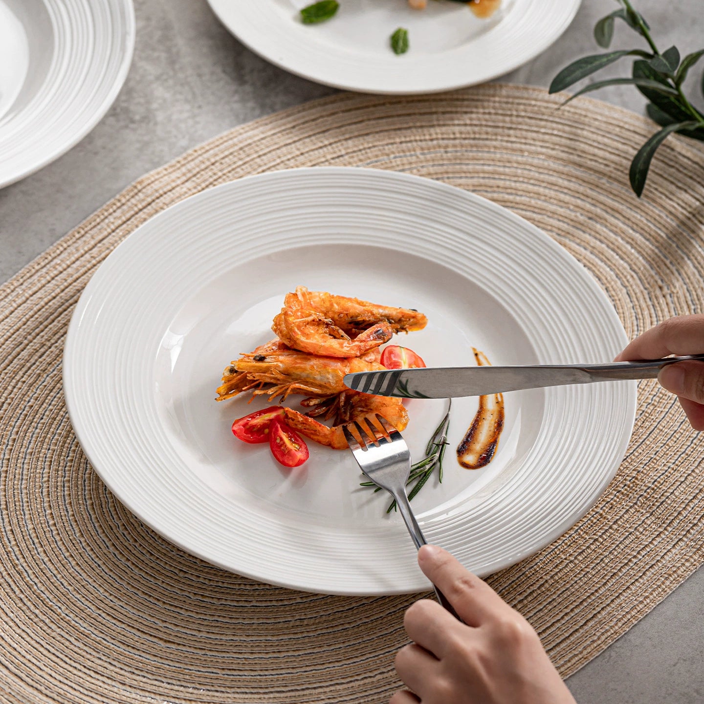 Shallow plate with concentric ribbed texture for refined plating