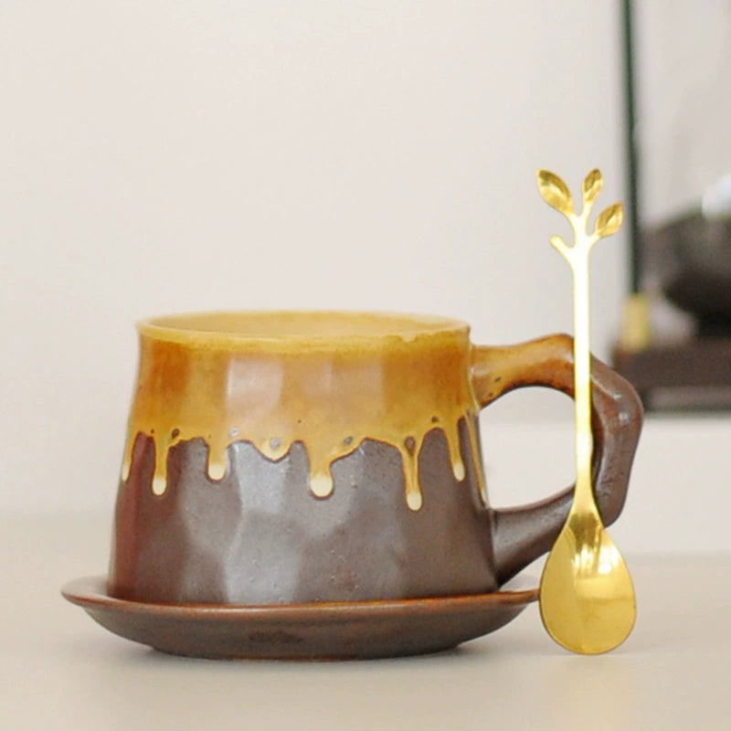 Side angle of Japanese tea mug on wooden tray

