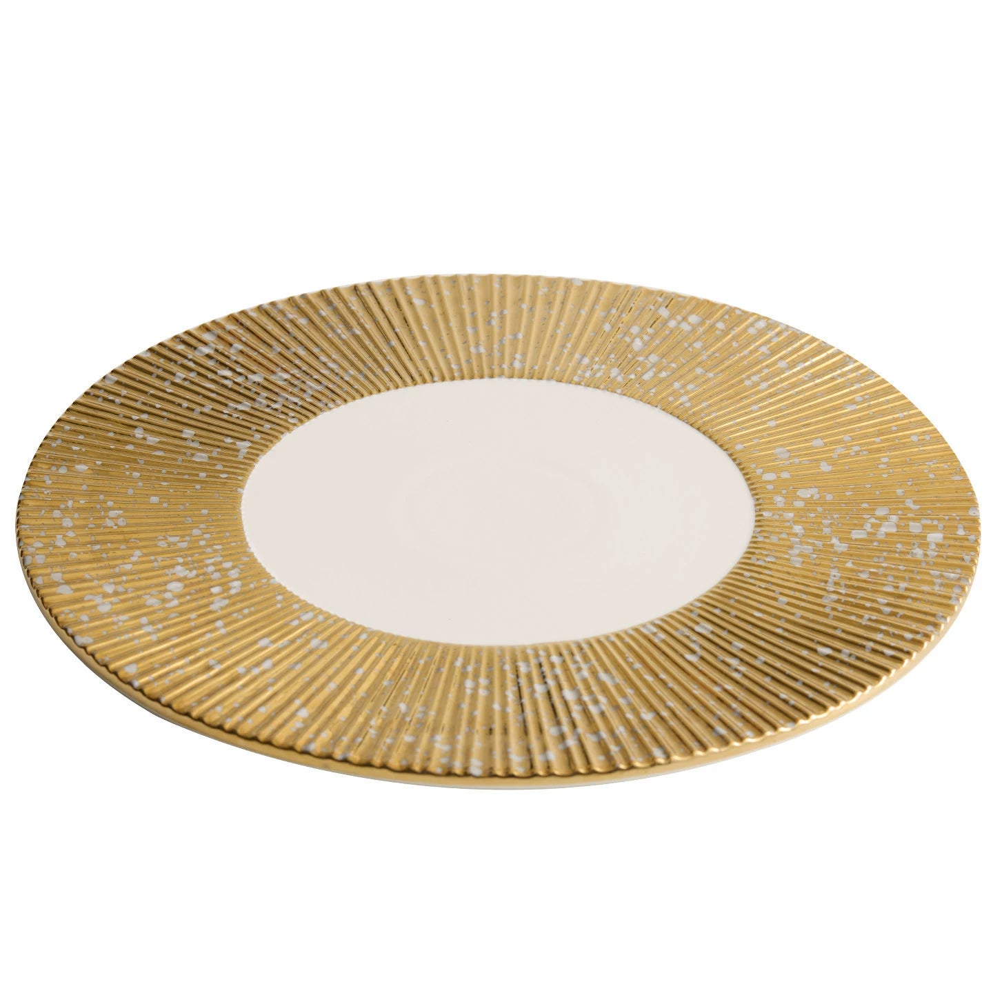 Side profile of a 1.5cm low-profile golden gear-texture charger plate.